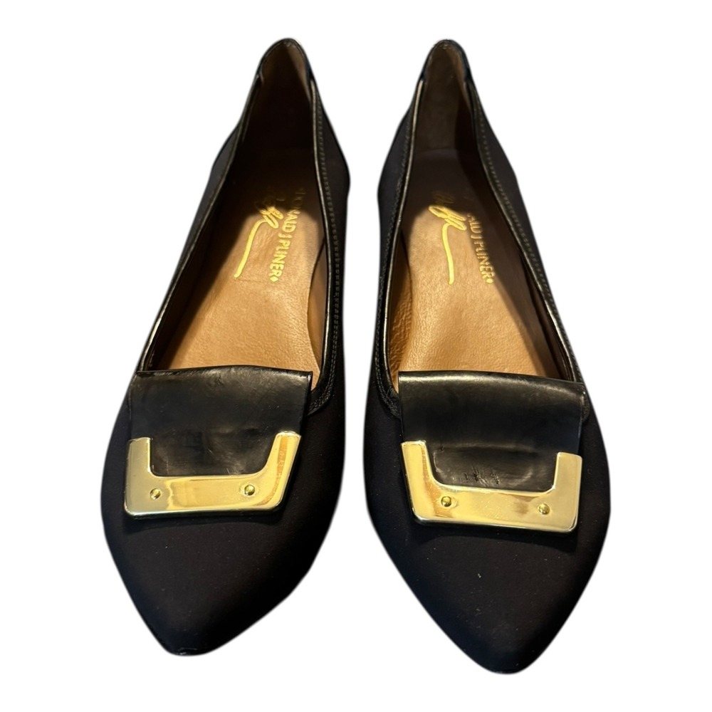 Donald‎ J Pliner Womens Nila Mini Wedge Flat 6.5 Black Suede Patent Gold Buckle - Picture 8 of 12